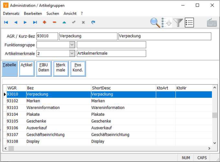 Artikelgruppen Anlage Maske