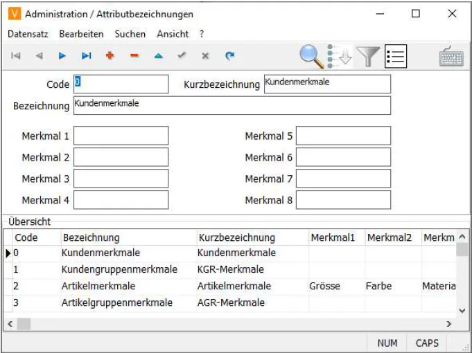 Attributbezeichnungen Anlage Maske