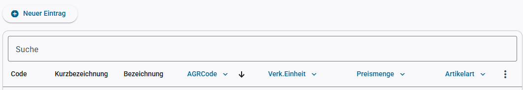 Seite oben mit Suche und Spaltenüberschriften