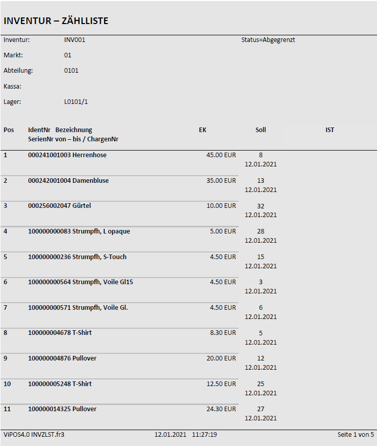 Darstellung Zählliste