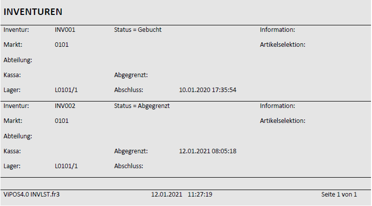 Darstellung Inventurliste