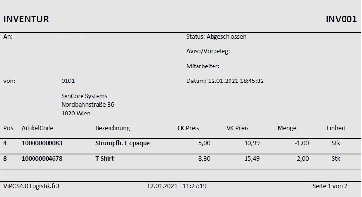 Darstellung Inventurbeleg