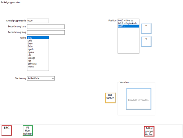 Artikelgruppen Anlage Maske