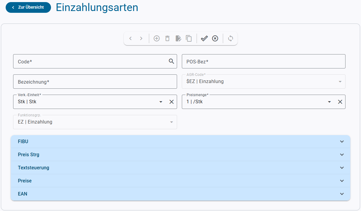 Einzahlungsarten Anlage Maske