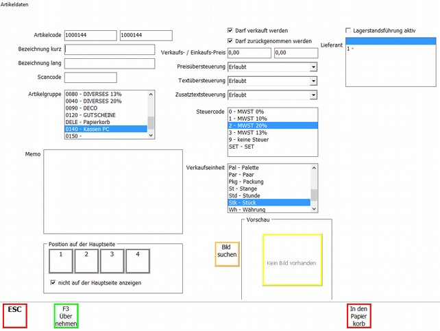 Artikel Anlage Maske