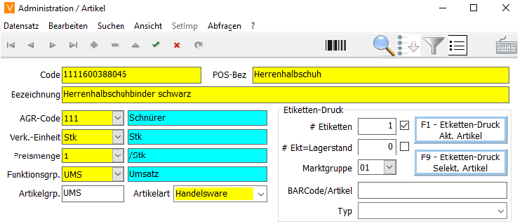 Artikel Stammdaten Anlage Maske