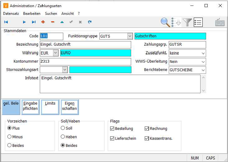 Zahlungsarten Anlage Maske