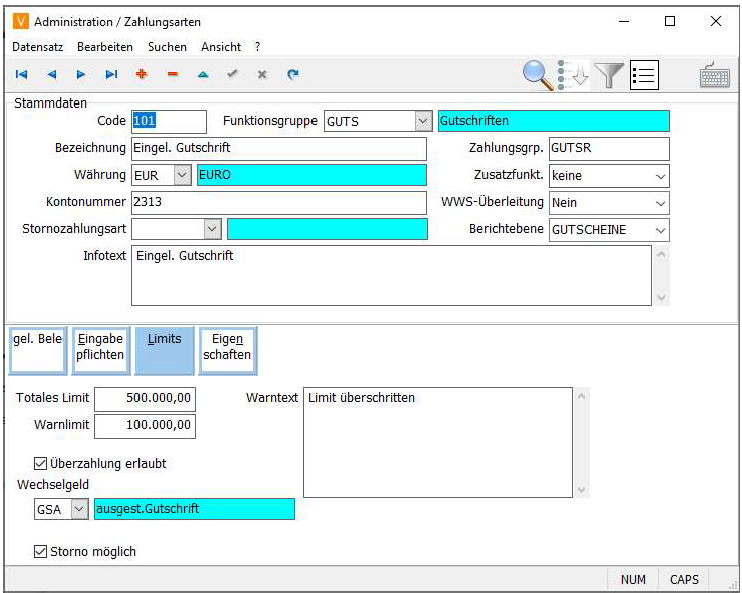 Zahlungsarten Limits Maske