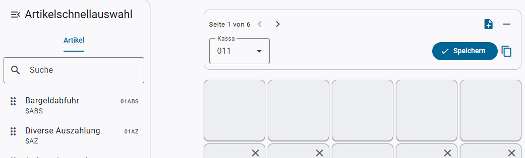 Artikelschnellauswahl mit Artikeln links und Buttons rechts