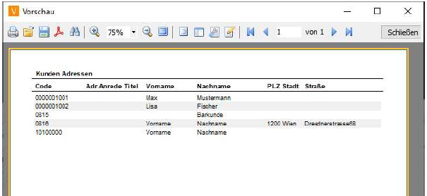 Darstellung von Kundenadressliste