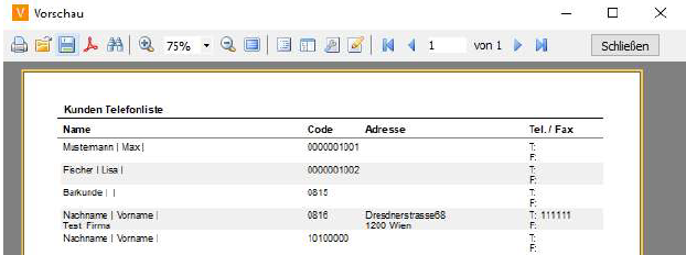 Darstellung von Kundentelefonliste