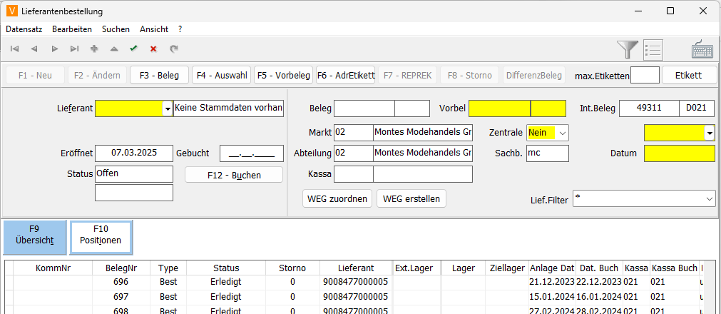 Lieferantenbestellung Anlage Maske