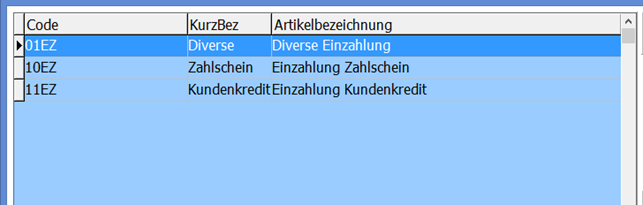 Einzahlungsliste Maske