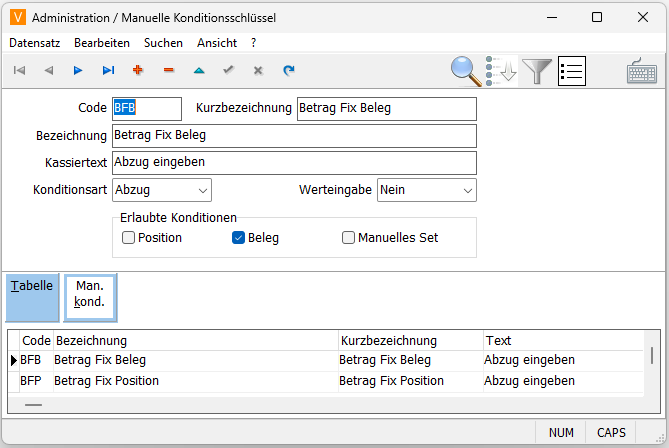 Manuelle Konditionsschlüssel Anlage Maske