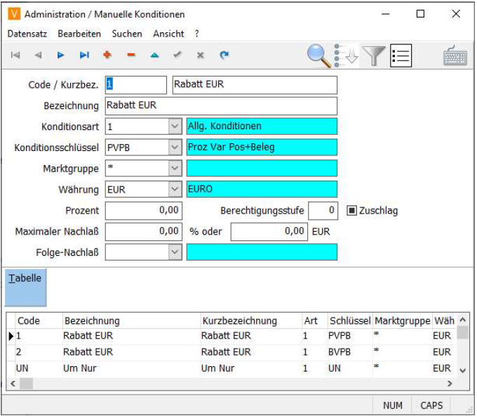 Manuelle Konditionen Anlage Maske