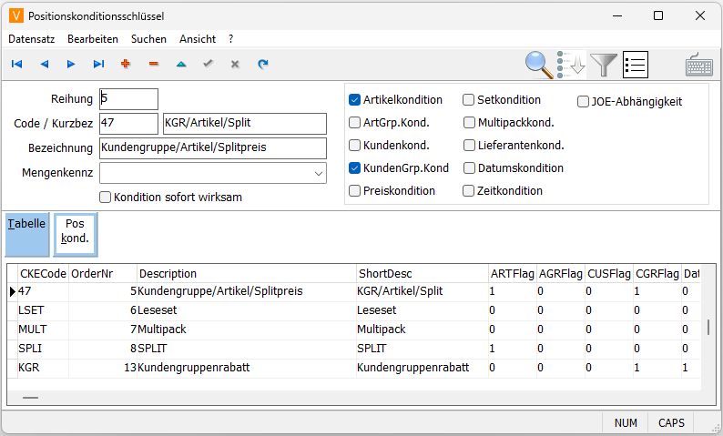 Positionskonditionsschlüssel Anlage Maske