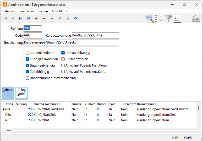 Belegkonditionsschlüssel Anlage Maske