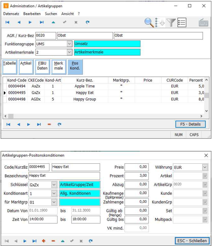 Artikelgruppen Positionskonditionen Maske