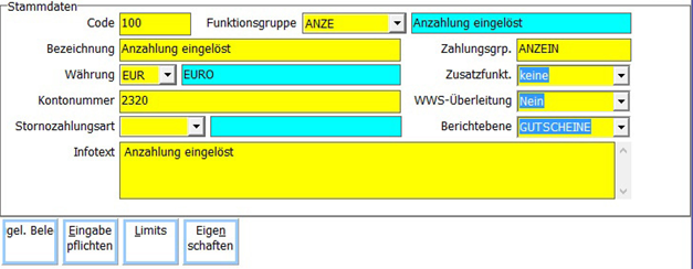 Zahlungsarten Anlage Maske
