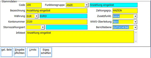 Zahlungsarten Anlage Maske