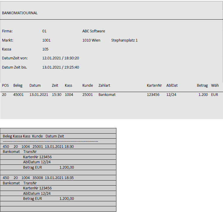 Darstellung von Bankomatjournal