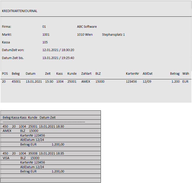 Darstellung von Kreditkartenjournal