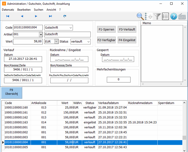 Gutschein Verwaltung Maske