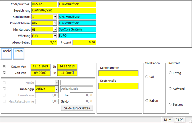 Belegkonditionen Verwaltung Maske