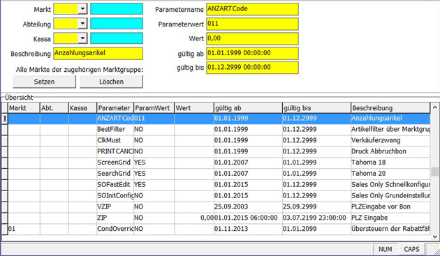 Kassenparameter Maske