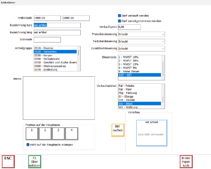 Artikel Anlage Maske