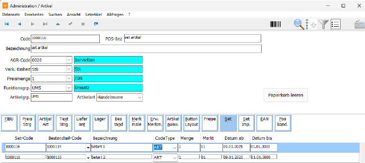 Artikelstammdaten Set Abschnitt