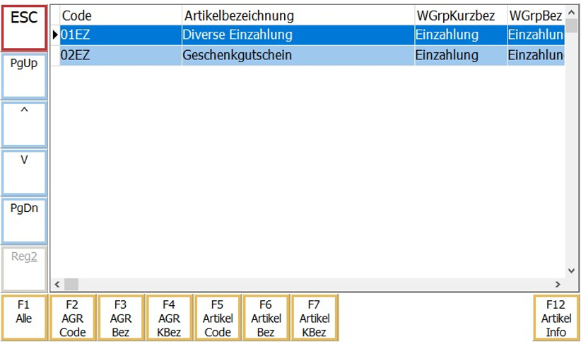 Einzahlungsartenliste Maske