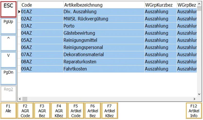 Auszahlungsartenliste Maske