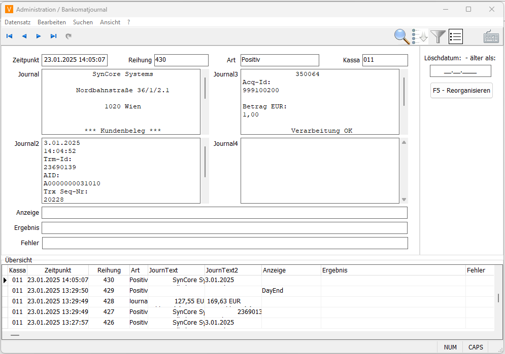 Bankomat-Terminaljournal Maske