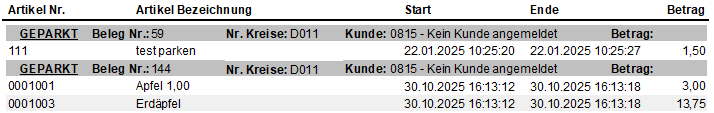 Geparkte Belege Bericht