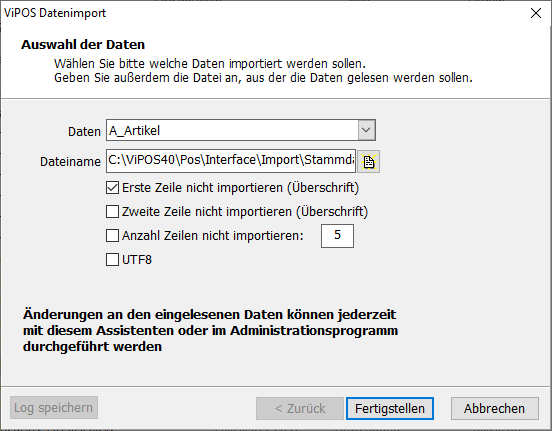 ViPOS Datenimport Artikel Maske