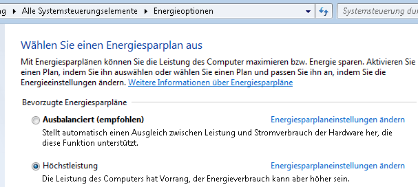 Energiesparplan auswählen Maske