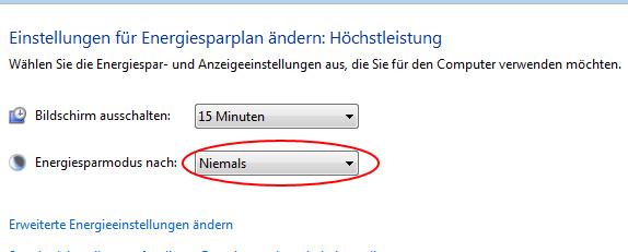 Einstellungen für Energiesparplan ändern Maske