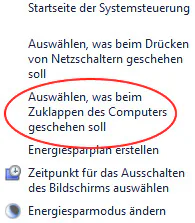 Menüoptionen in linker Spalte