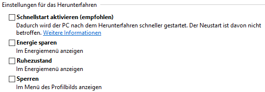 Einstellungen für das Herunterfahren Maske