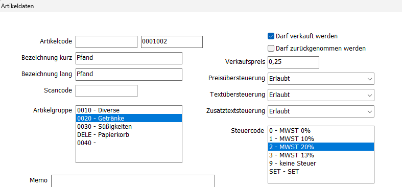 Pfand Artikel Anlage Maske