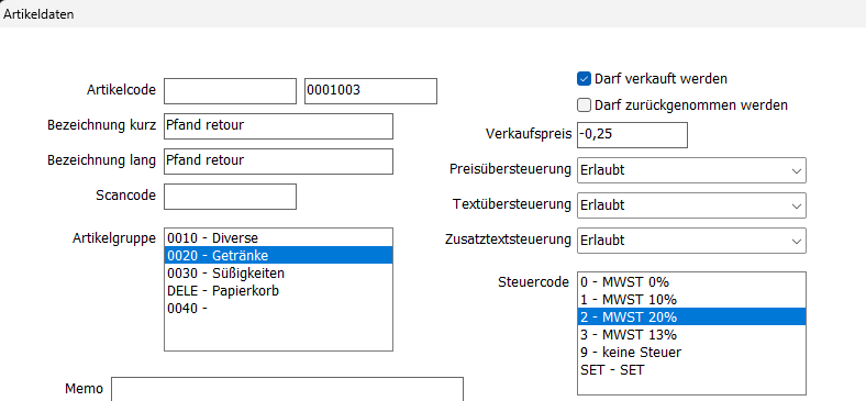 Pfand retour Artikel Anlage Maske