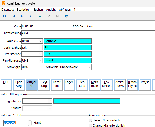 Artikelstammdaten Reiter Artikel Art Maske