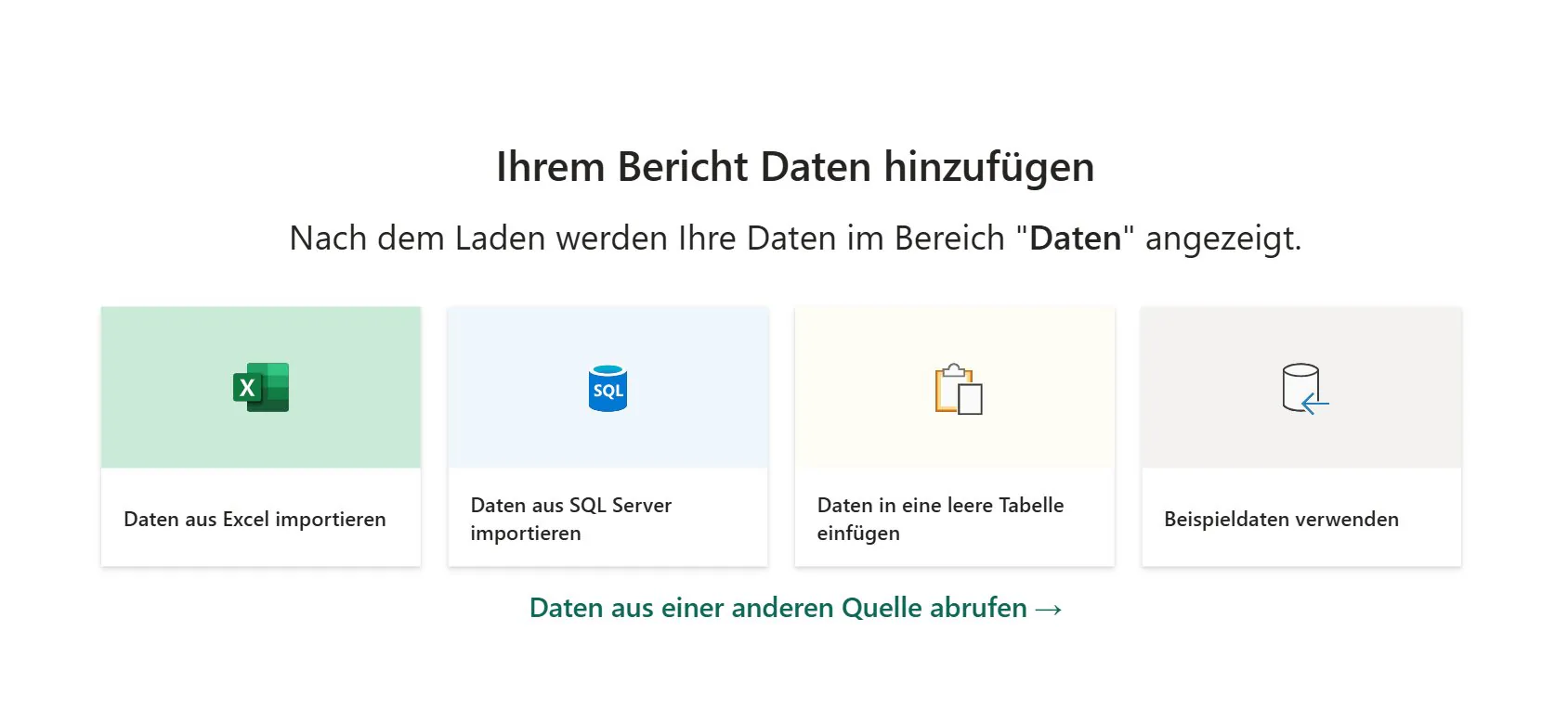 Power BI Startbildschirm mit der Option Daten aus einer anderen Quelle abrufen