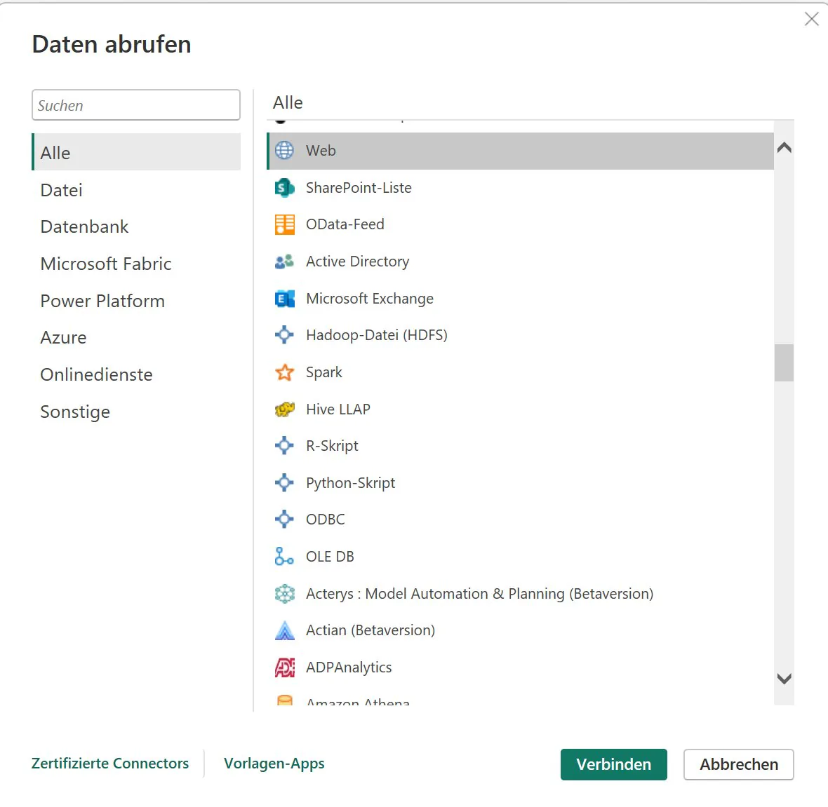 Dialog Daten abrufen mit ausgewähltem Web-Connector