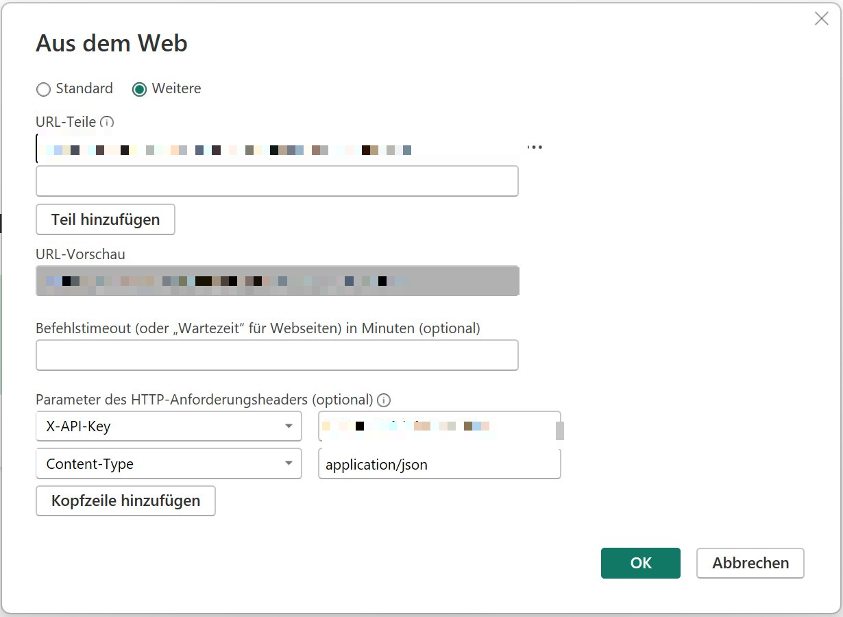 Verbindungsdialog Aus dem Web mit anonymisierten URL- und Header-Parametern
