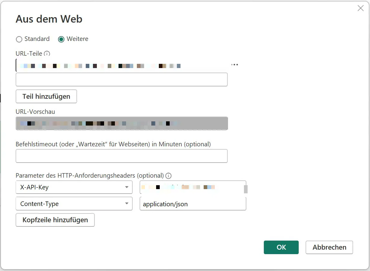 Verbindungsdialog Aus dem Web mit anonymisierten URL- und Header-Parametern