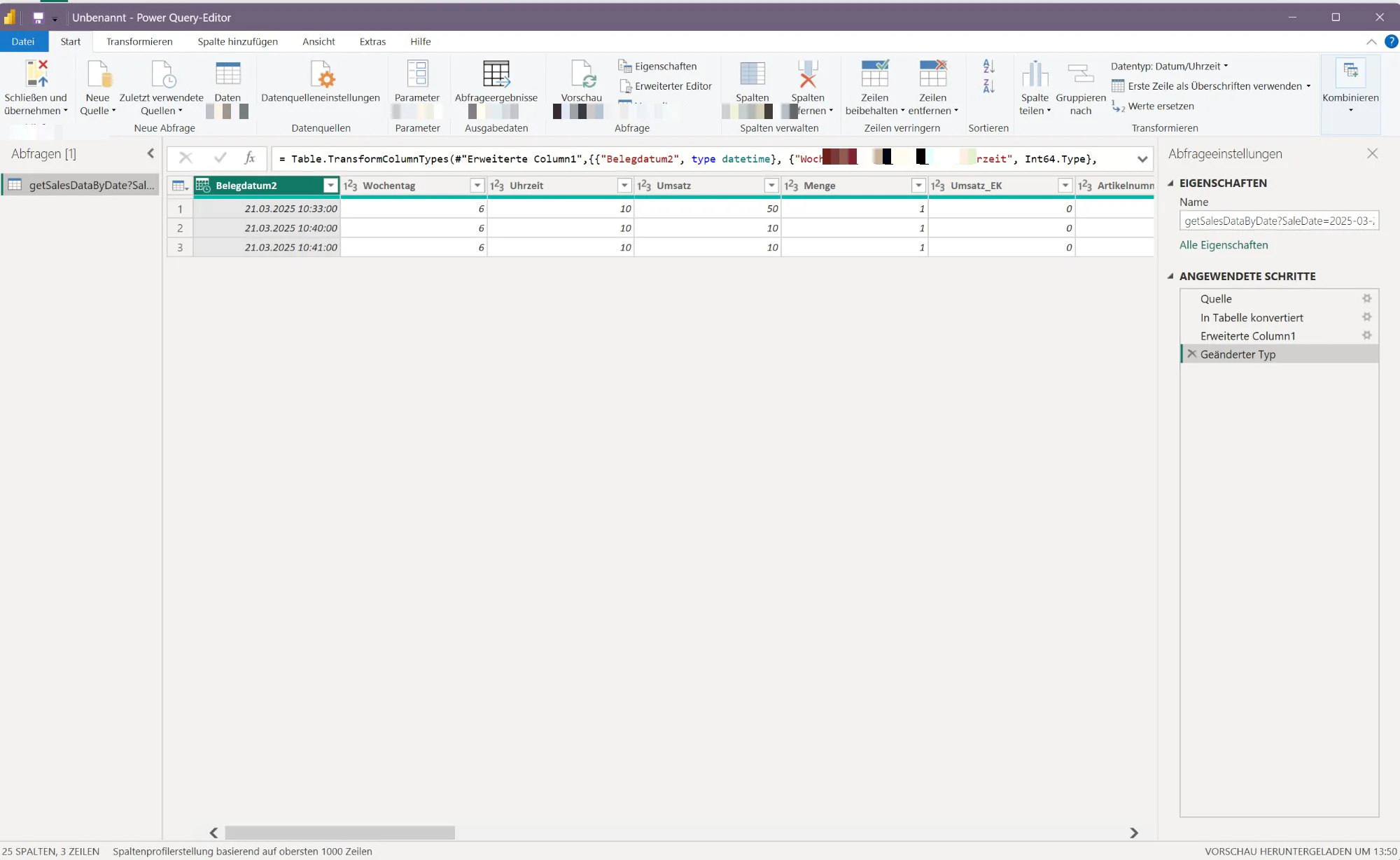 Power Query-Editor mit Vorschau der geladenen ViPOS-Daten